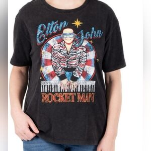 NWT XL Elton John Rocket Man T Shirt, Gray Washed, Rhinestones, Piano, Music